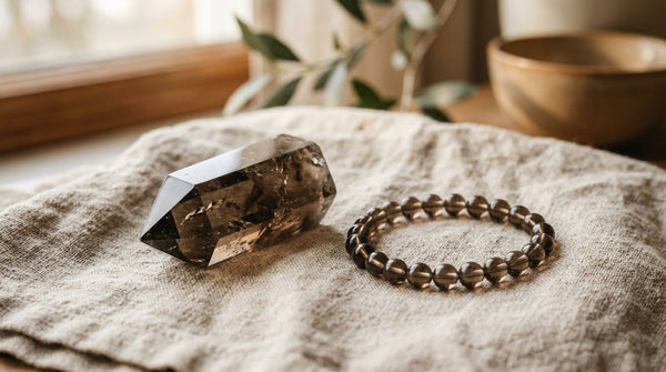 Smoky quartz crystal point and smoky quartz bracelet on linen in soft natural light
