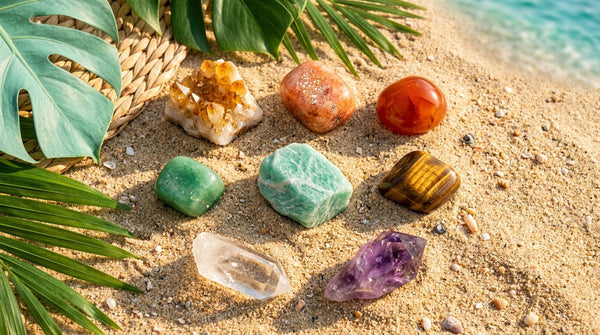 Eight summer healing crystals on warm sand with tropical leaves and seaside view