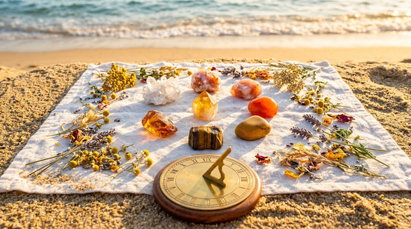 Citrine, sunstone, carnelian, tiger's eye, amber, yellow jasper and clear quartz arranged in a circle on white linen on a sunlit beach with dried summer flowers and a brass sundial