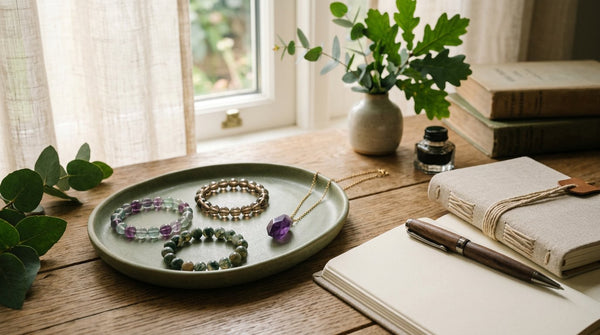 Virgo season crystal jewelry arranged on an organized desk with fluorite, smoky quartz, moss agate, and amethyst