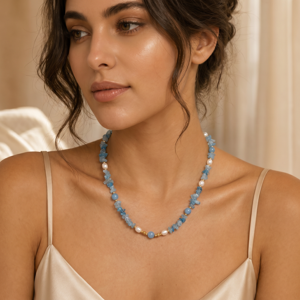 Aquamarine Necklace in 18K Gold Plated Copper